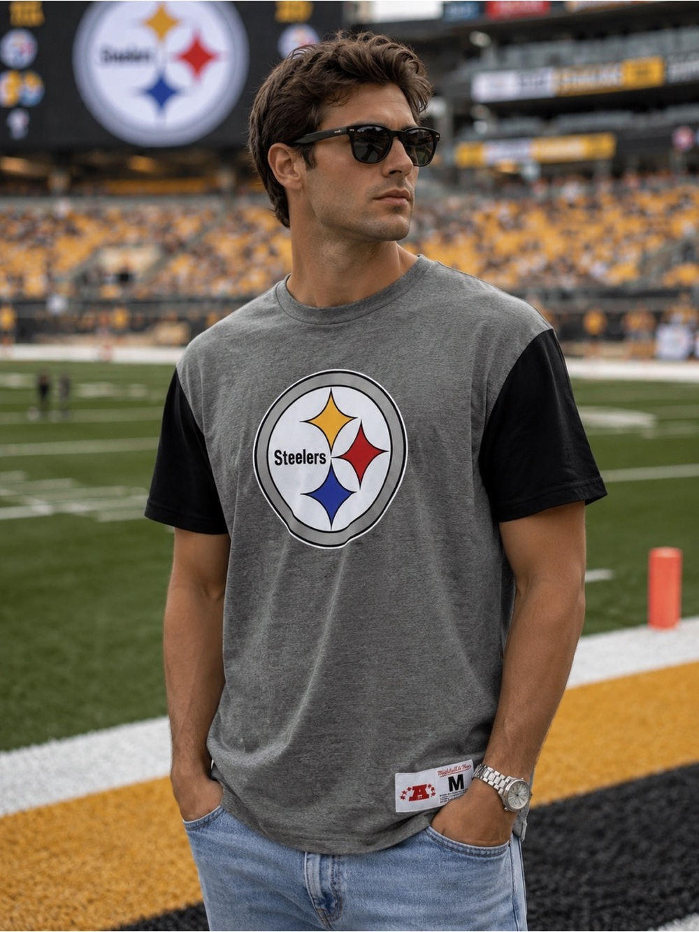 Mitchell & Ness Cotton Steelers Patch Gray Color Block Athletic Wear Tee Size M